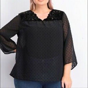 Style & Co Women's Plus Size Swiss-Dot Velvet-Yoke Top Black Size 1X NWT
